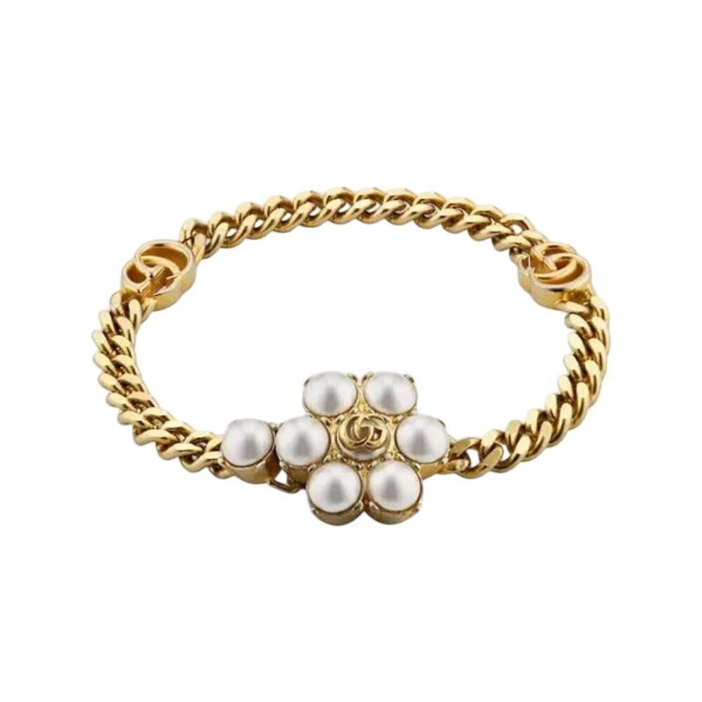 Authentic GUCCI Pearl Double G Bracelet Size Medium Gold NEW